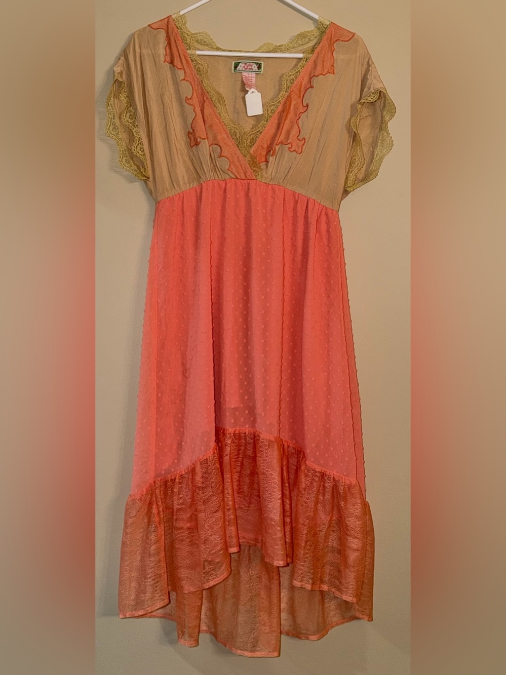 Flying Tomato coral and beige maxi dress featuring a high-low hem